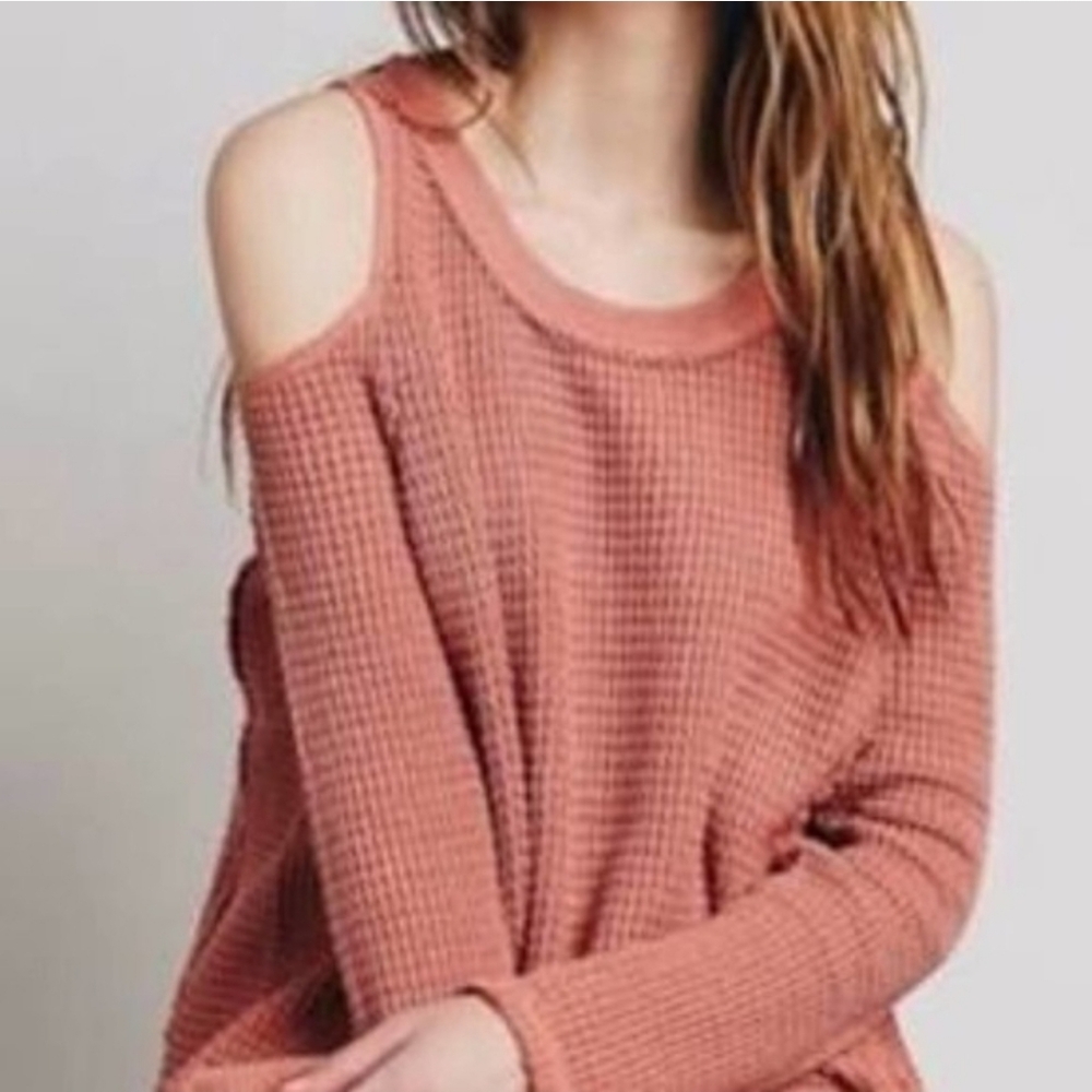 Free People Off-the-Shoulder Waffle Knit Sweater - Coral